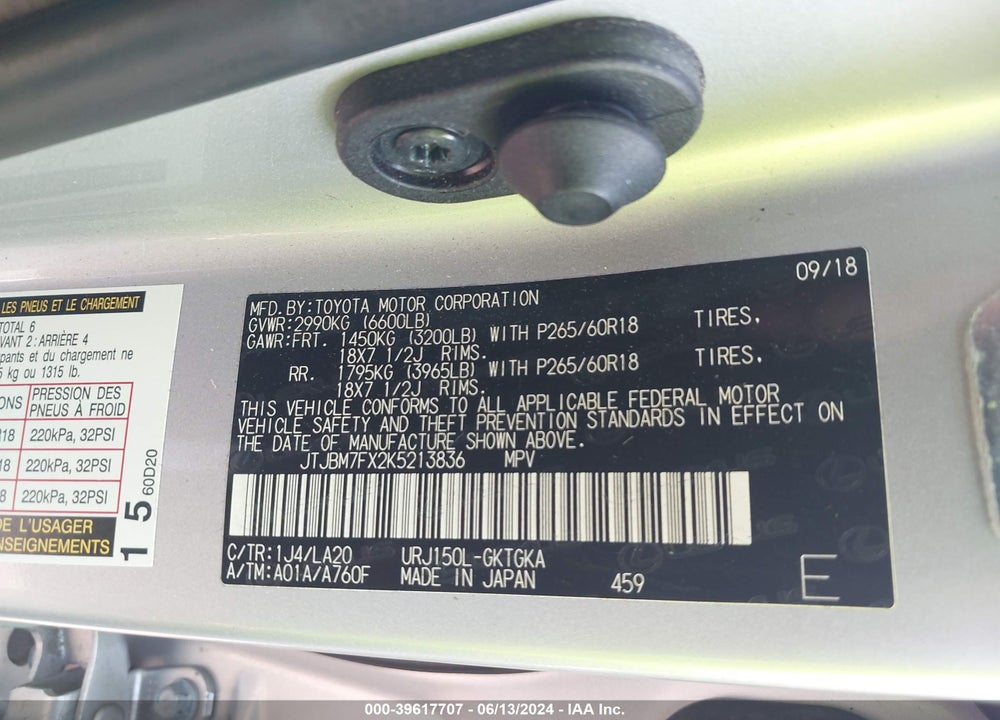 2019 LEXUS 460 PREMIUM VIN: JTJBM7FX2K5213836