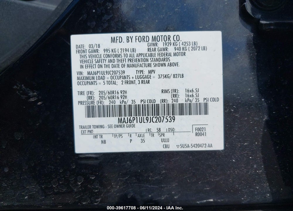 2018 FORD ECOSPORT SE VIN: MAJ6P1UL9JC207539