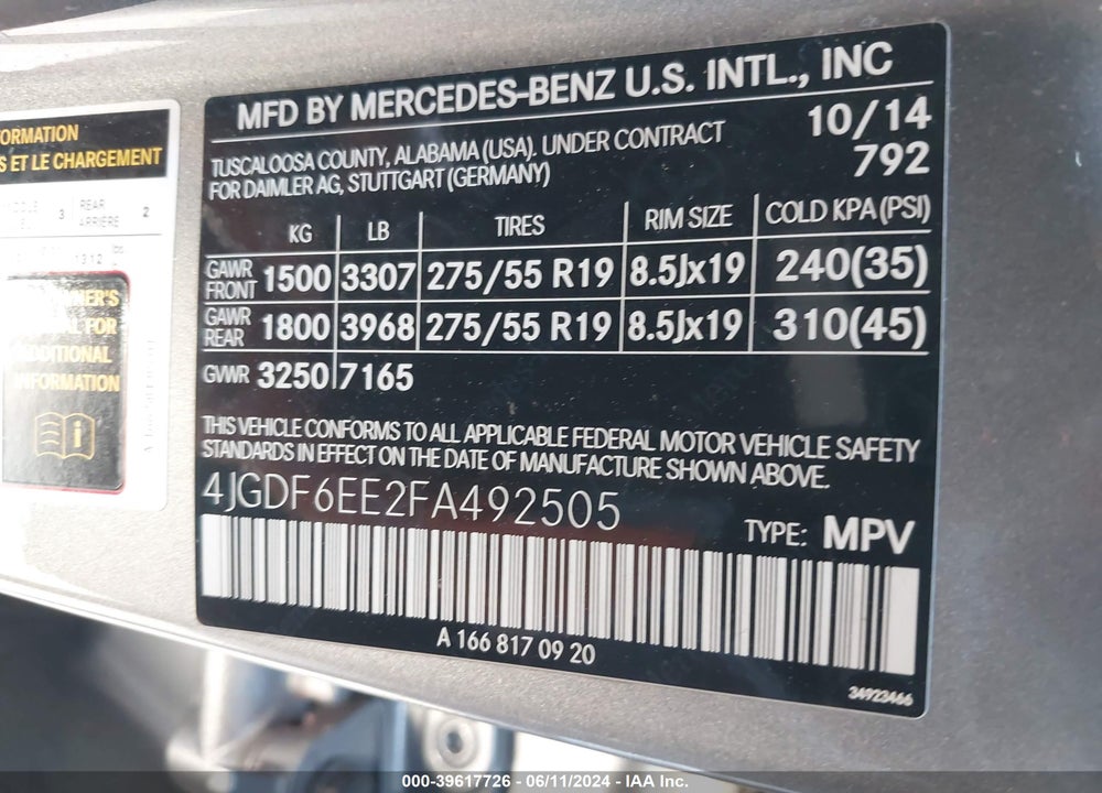 2015 MERCEDES-BENZ GL 450 4MATIC VIN: 4JGDF6EE2FA492505