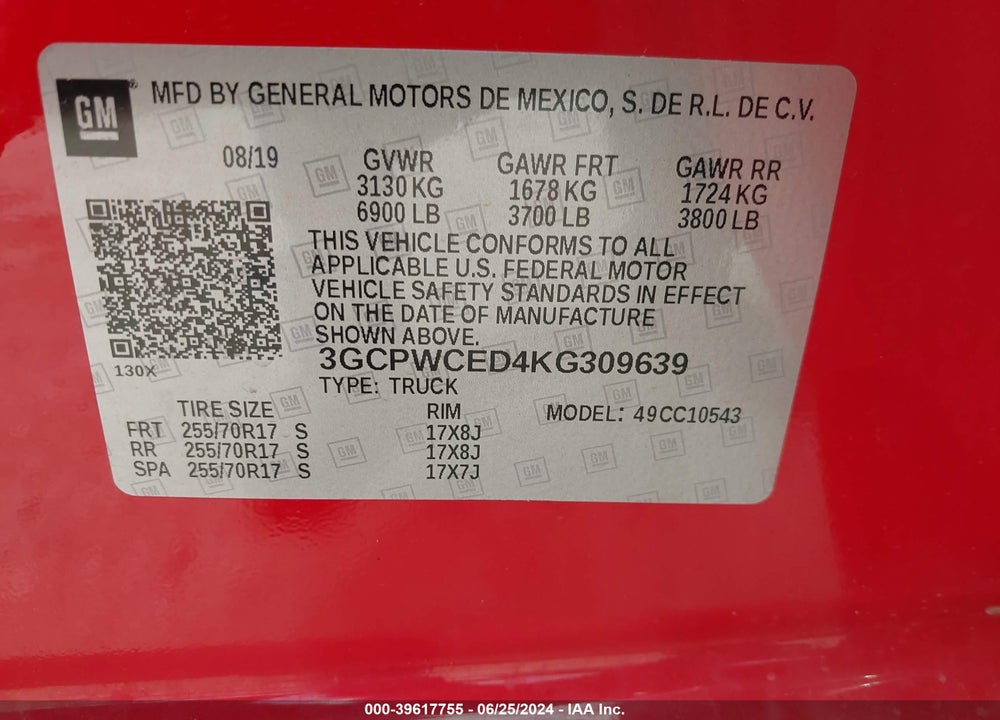2019 CHEVROLET SILVERADO 1500 LT VIN: 3GCPWCED4KG309639