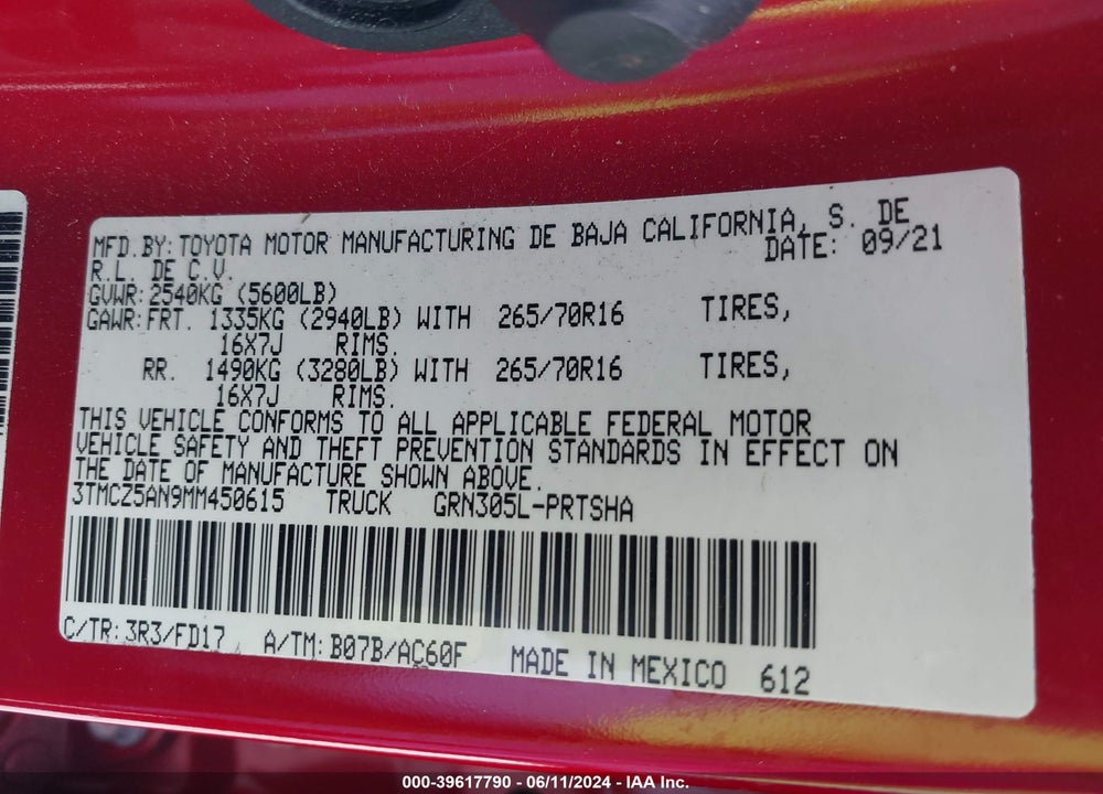2021 TOYOTA TACOMA TRD OFF ROAD VIN: 3TMCZ5AN9MM450615