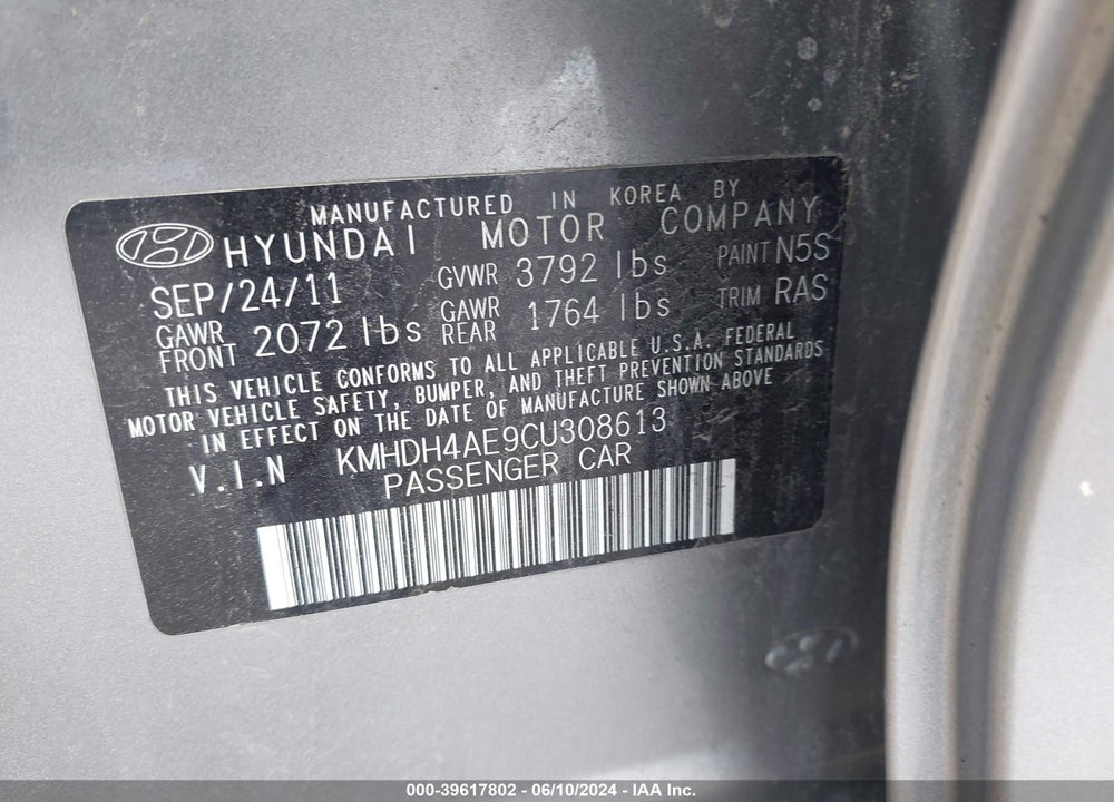2012 HYUNDAI ELANTRA GLS (ULSAN PLANT) VIN: KMHDH4AE9CU308613