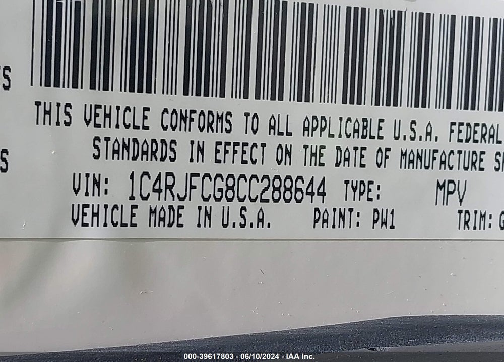 2012 JEEP GRAND CHEROKEE OVERLAND VIN: 1C4RJFCG8CC288644