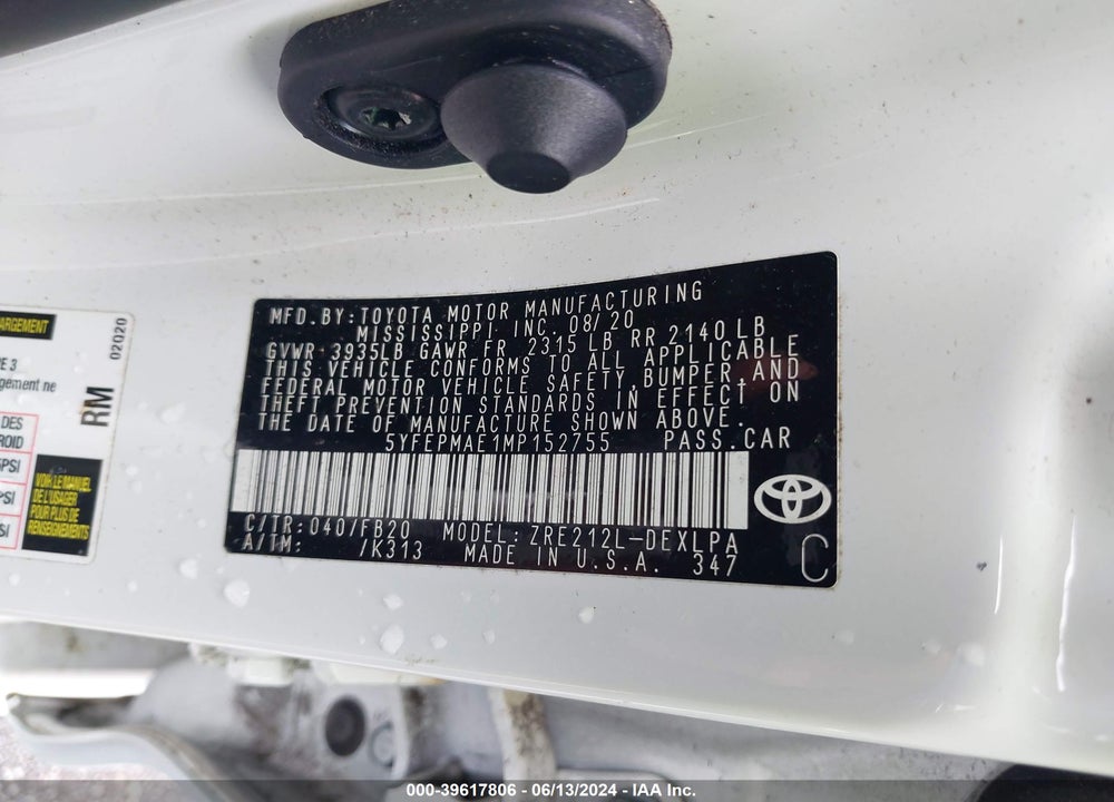 2021 TOYOTA COROLLA LE VIN: 5YFEPMAE1MP152755