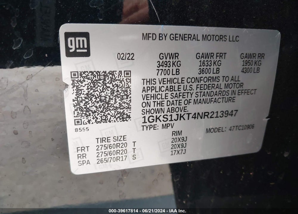 2022 GMC YUKON XL 2WD DENALI VIN: 1GKS1JKT4NR213947