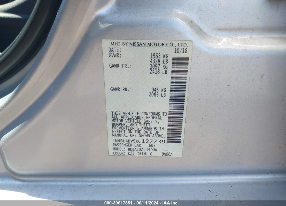 2019 NISSAN ALTIMA 2.5 S VIN: 1N4BL4BV9KC127739