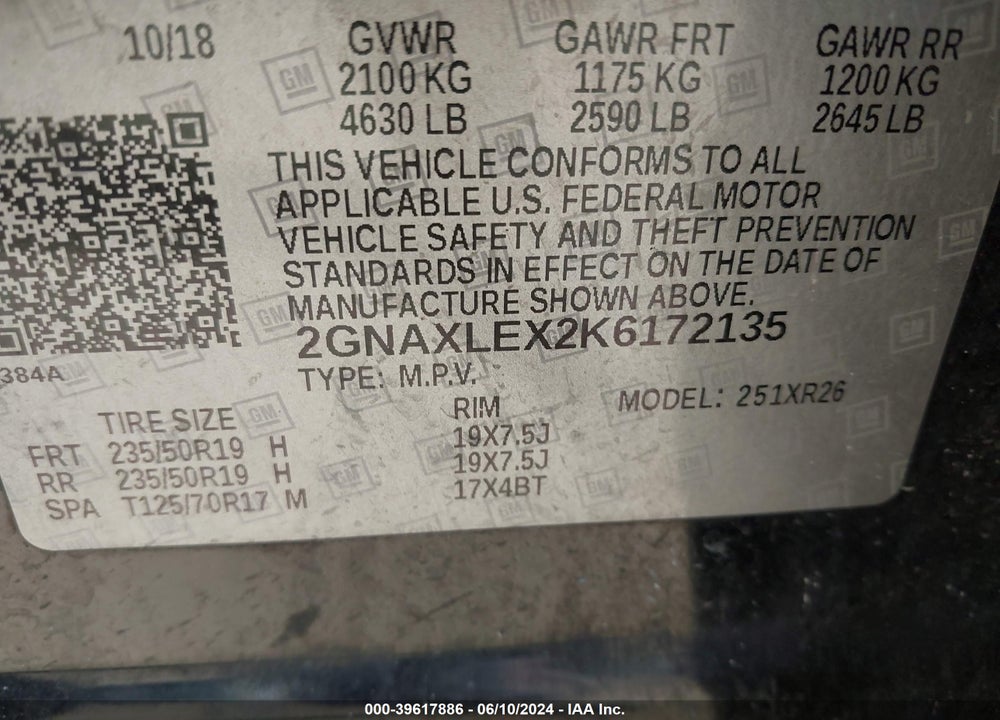 2019 CHEVROLET EQUINOX LT VIN: 2GNAXLEX2K6172135