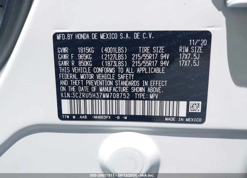 2021 HONDA HR-V 2WD LX VIN: 3CZRU5H37MM708752