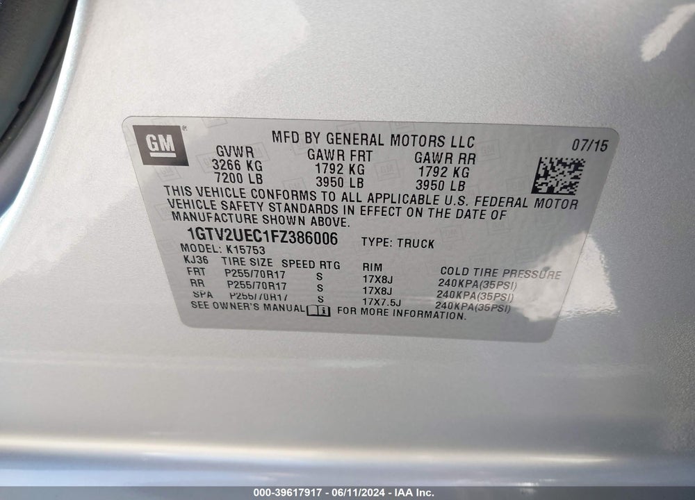 2015 GMC SIERRA 1500 SLE VIN: 1GTV2UEC1FZ386006