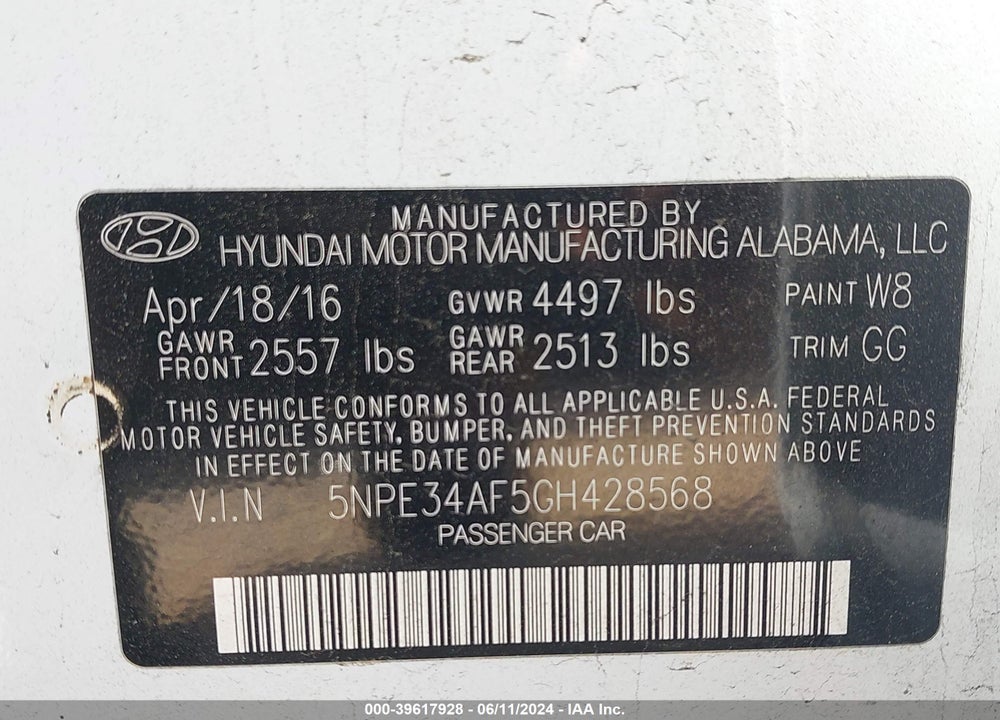 2016 HYUNDAI SONATA SPORT VIN: 5NPE34AF5GH428568