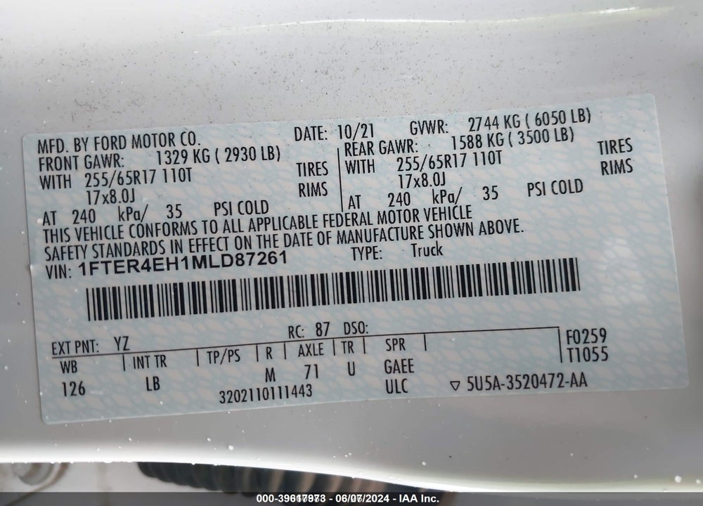 2021 FORD RANGER XLT VIN: 1FTER4EH1MLD87261