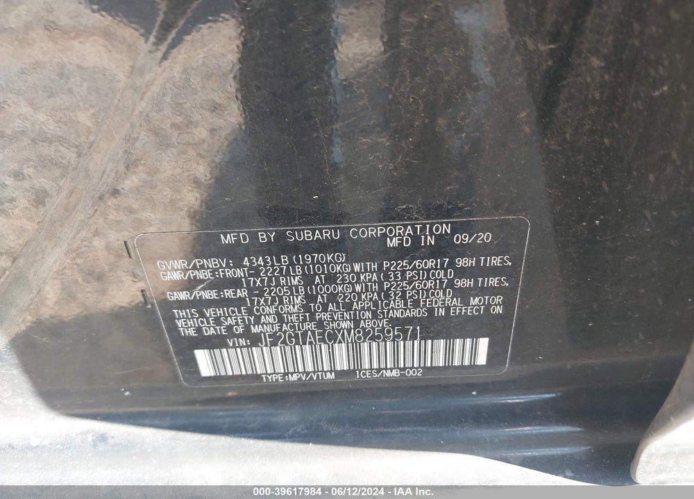 2021 SUBARU CROSSTREK PREMIUM VIN: JF2GTAECXM8259571