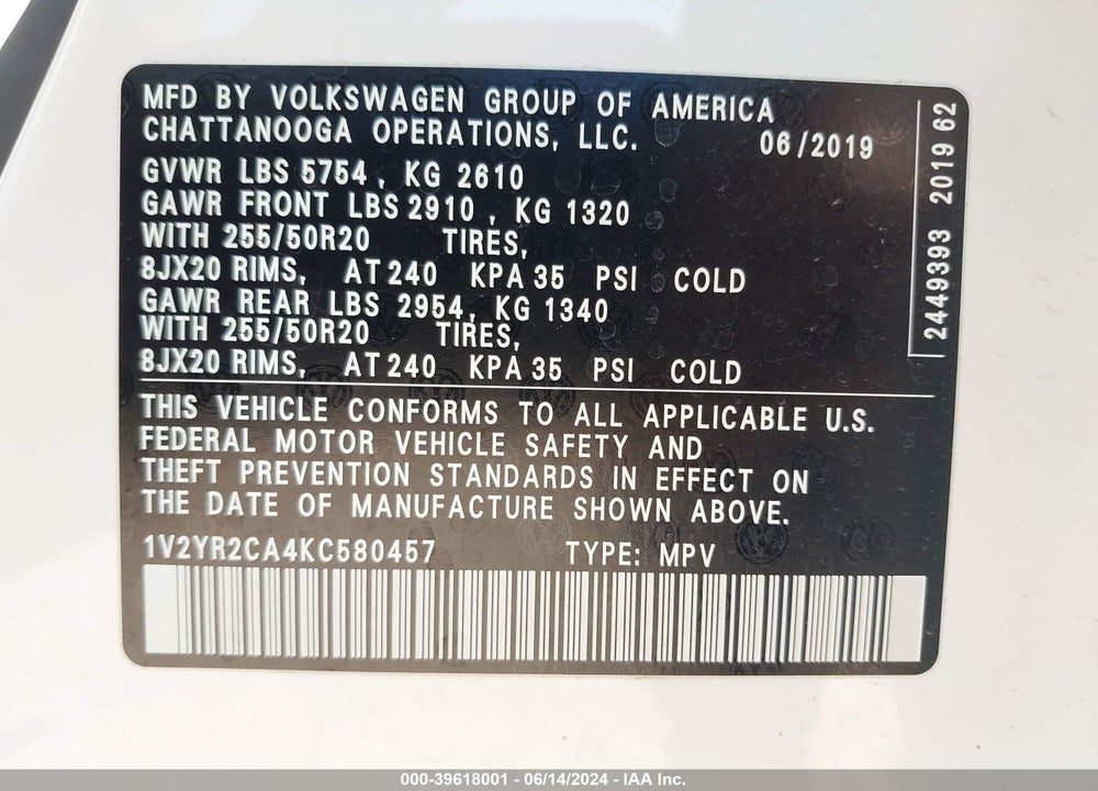 2019 VOLKSWAGEN ATLAS 3.6L V6 SE W/TECHNOLOGY R-LINE VIN: 1V2YR2CA4KC580457