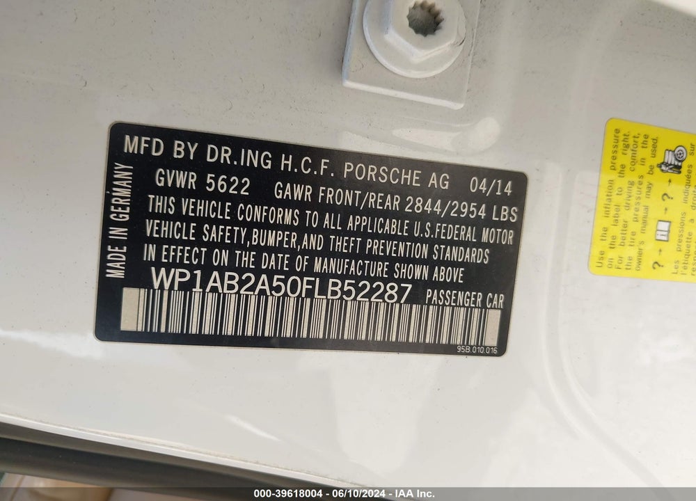 2015 PORSCHE MACAN S VIN: WP1AB2A50FLB52287