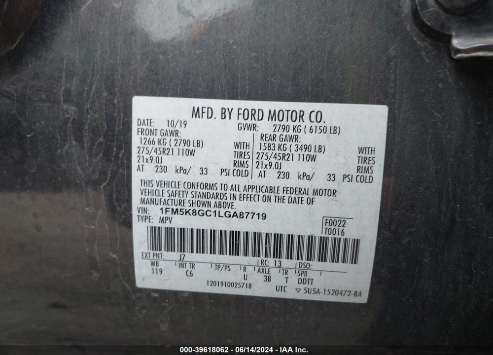 2020 FORD EXPLORER ST VIN: 1FM5K8GC1LGA87719
