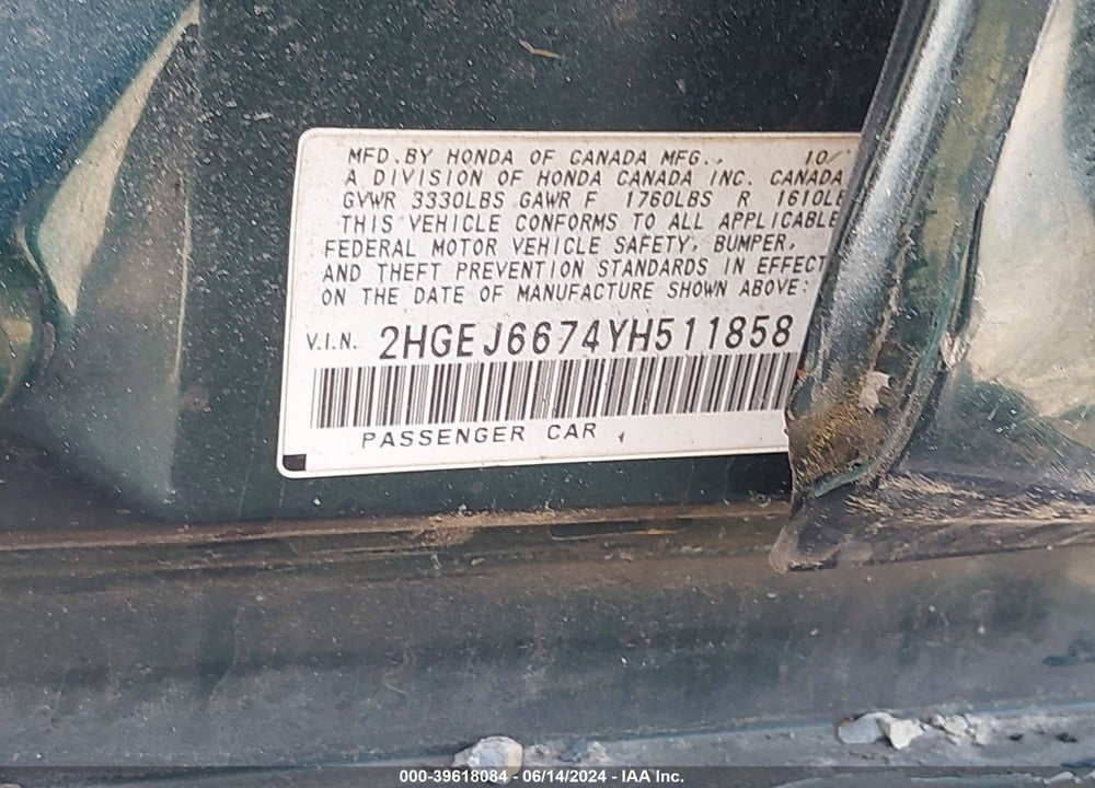 2000 HONDA CIVIC LX VIN: 2HGEJ6674YH511858