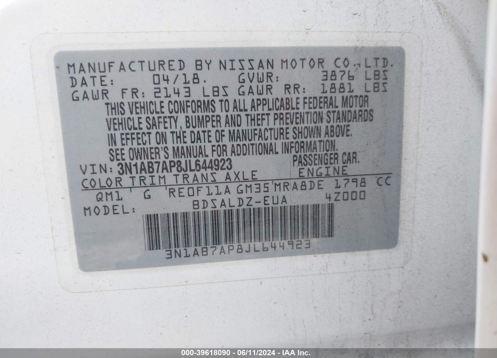 2018 NISSAN SENTRA SV VIN: 3N1AB7AP8JL644923