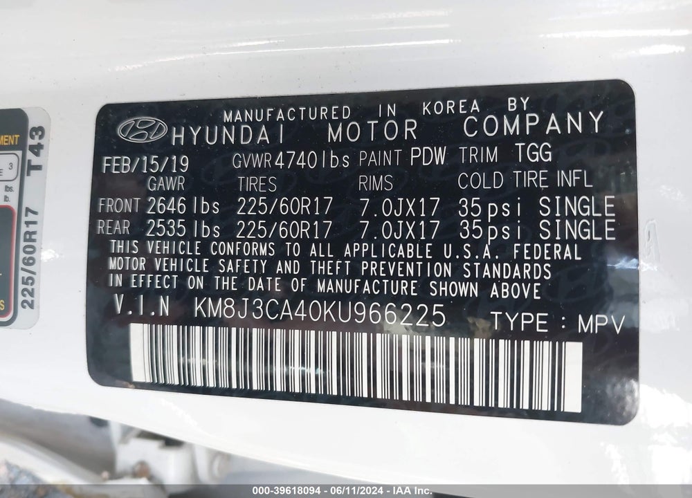 2019 HYUNDAI TUCSON VALUE VIN: KM8J3CA40KU966225