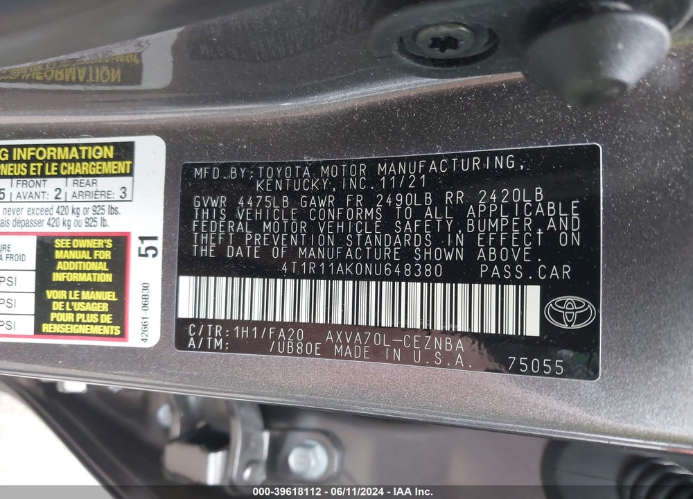 2022 TOYOTA CAMRY LE VIN: 4T1R11AK0NU648380