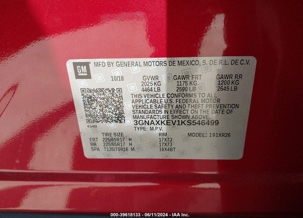 2019 CHEVROLET EQUINOX LT VIN: 3GNAXKEV1KS546499