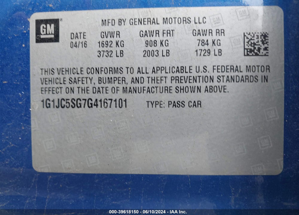 2016 CHEVROLET SONIC LT AUTO VIN: 1G1JC5SG7G4167101