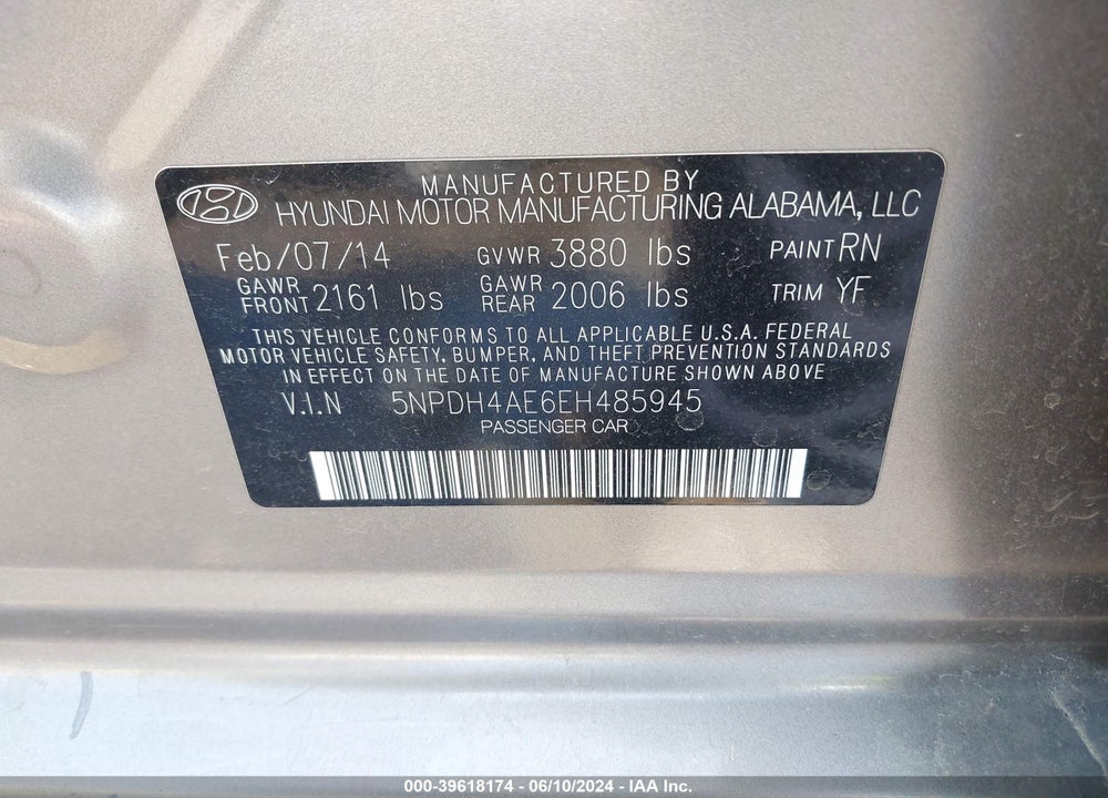 2014 HYUNDAI ELANTRA SE VIN: 5NPDH4AE6EH485945