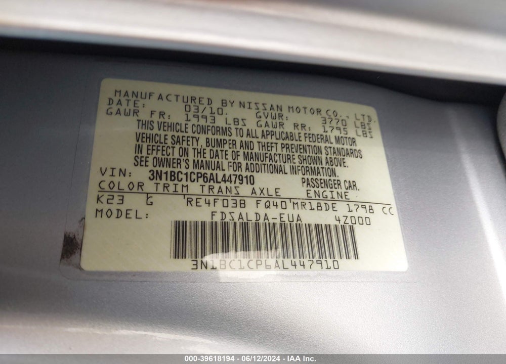 2010 NISSAN VERSA 1.8S VIN: 3N1BC1CP6AL447910