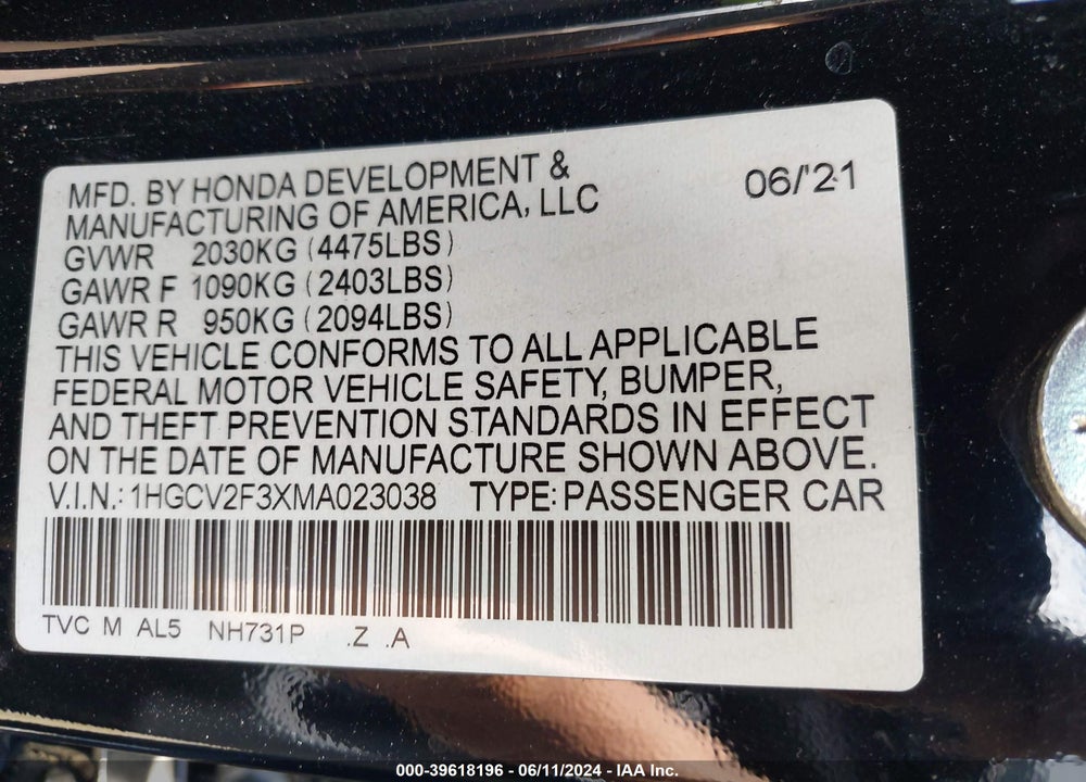 2021 HONDA ACCORD SPORT 2.0T VIN: 1HGCV2F3XMA023038