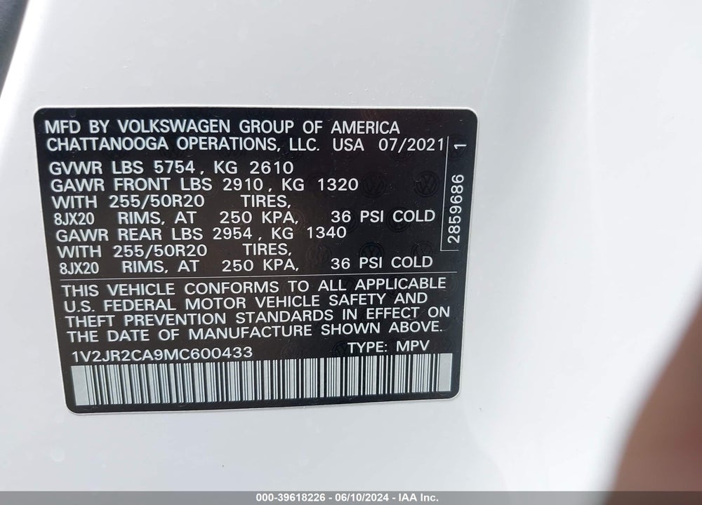 2021 VOLKSWAGEN ATLAS 3.6L V6 SE W/TECHNOLOGY VIN: 1V2JR2CA9MC600433