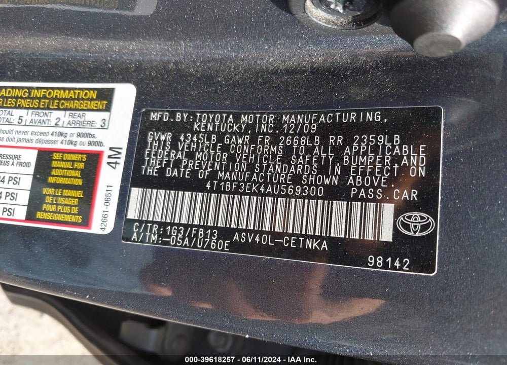 2010 TOYOTA CAMRY LE VIN: 4T1BF3EK4AU569300