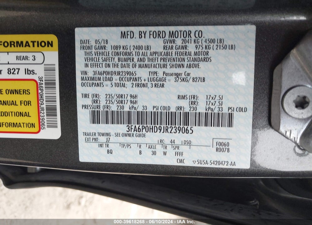 2018 FORD FUSION SE VIN: 3FA6P0HD9JR239065