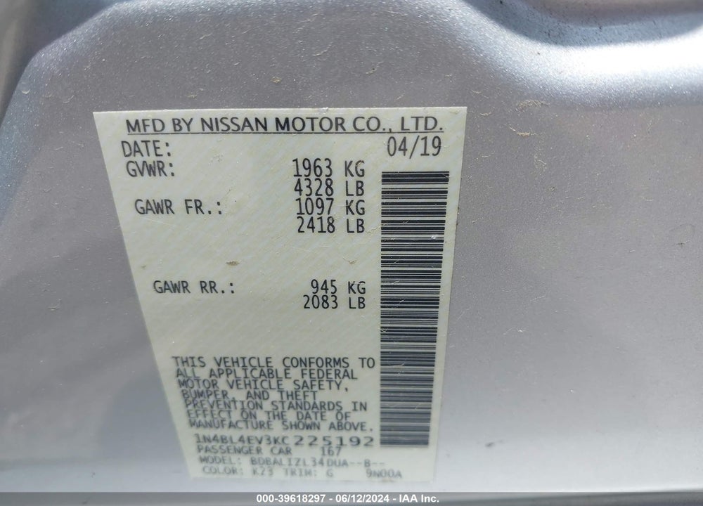 2019 NISSAN ALTIMA 2.5 SL VIN: 1N4BL4EV3KC225192