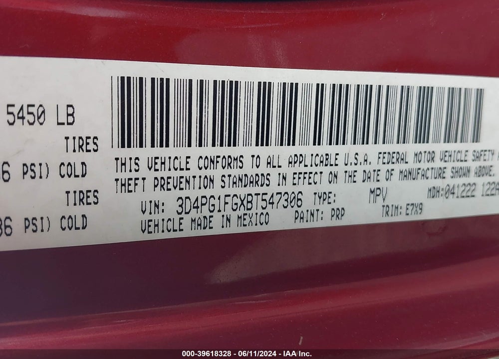 2011 DODGE JOURNEY VIN: 3D4PG1FGXBT547306