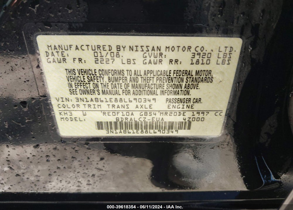 2008 NISSAN SENTRA VIN: 3N1AB61E88L690349