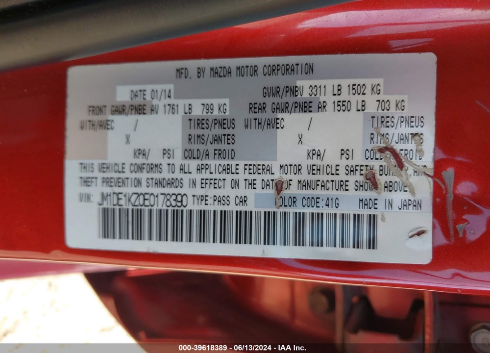 2014 MAZDA MAZDA2 VIN: JM1DE1KZ0E0178390