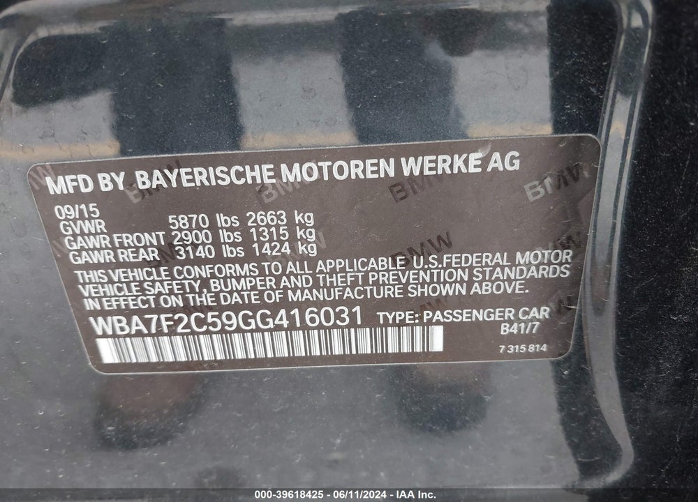 2016 BMW 750I XDRIVE VIN: WBA7F2C59GG416031