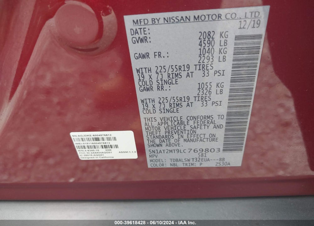 2020 NISSAN ROGUE SL FWD VIN: 5N1AT2MT9LC769803