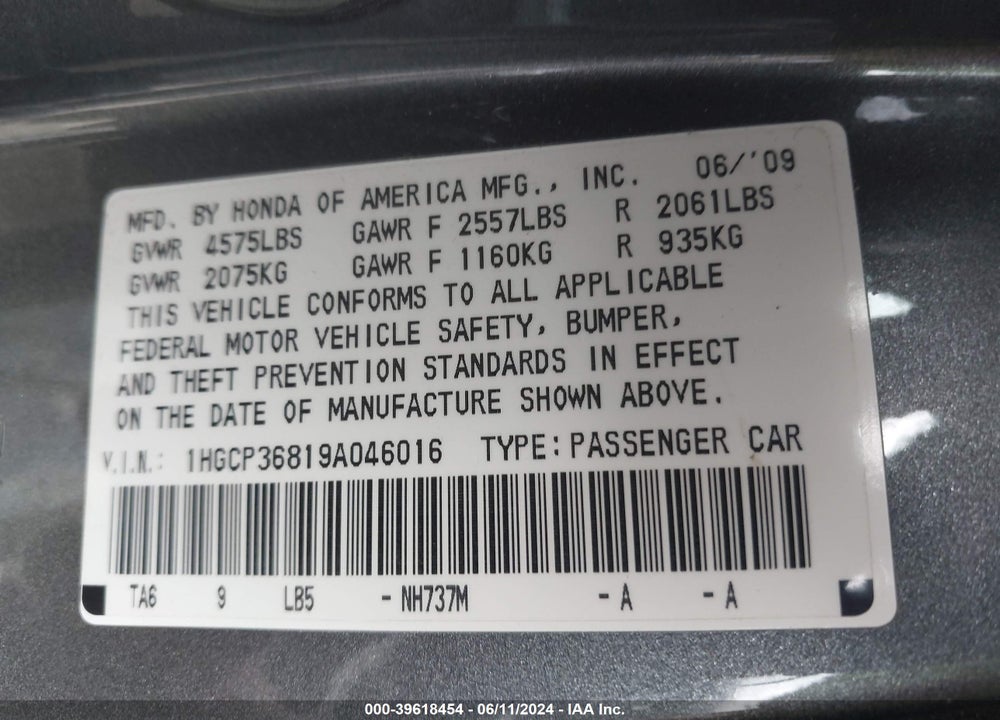 2009 HONDA ACCORD 3.5 EX-L VIN: 1HGCP36819A046016