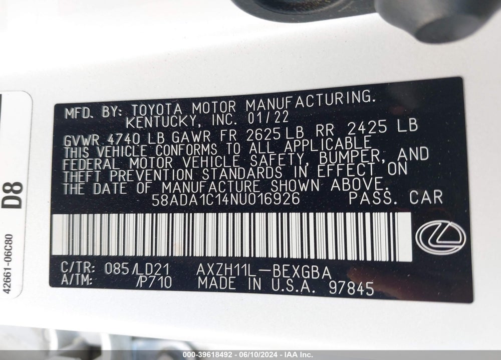 2022 LEXUS ES 300H VIN: 58ADA1C14NU016926