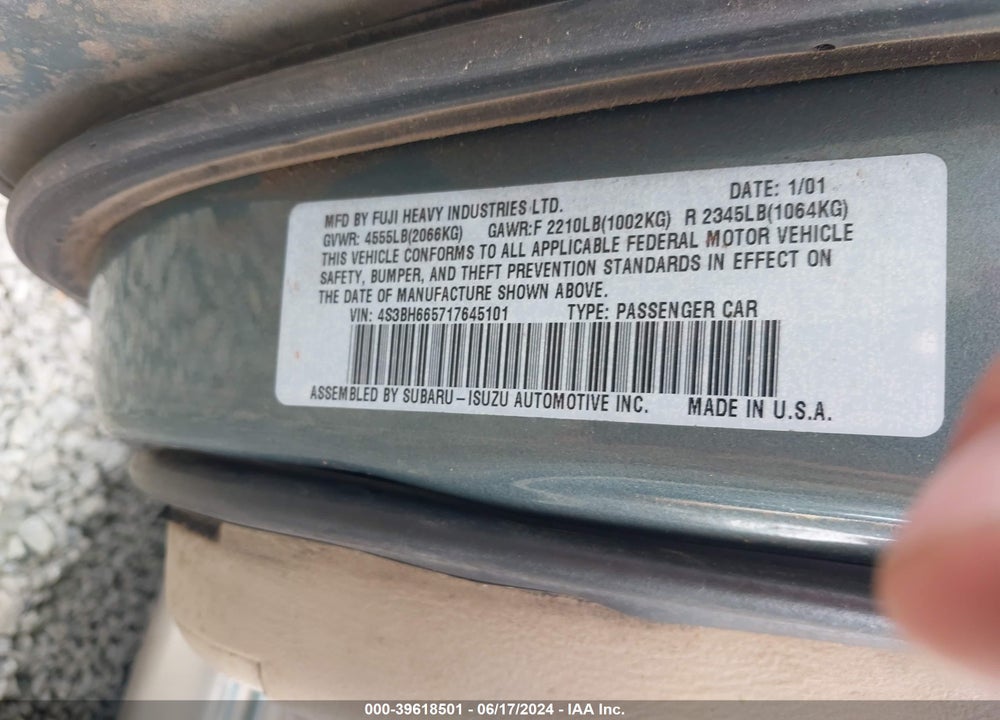 2001 SUBARU OUTBACK VIN: 4S3BH665717645101