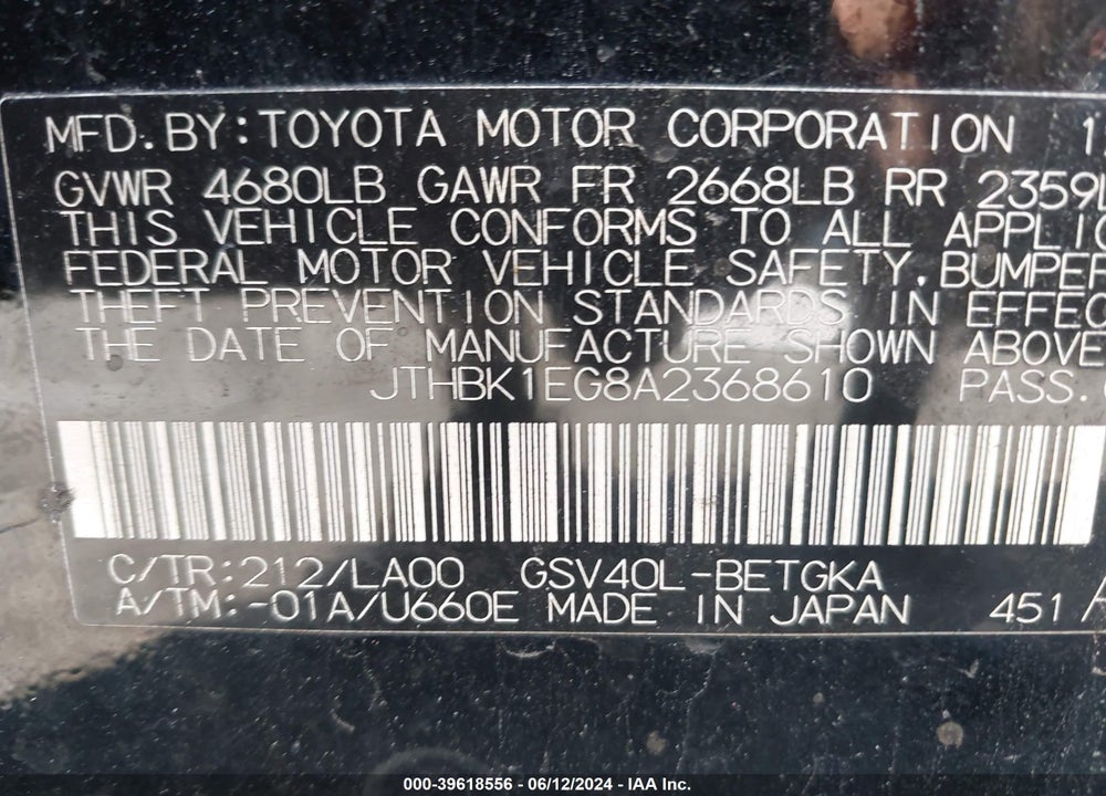 2010 LEXUS ES 350 VIN: JTHBK1EG8A2368610