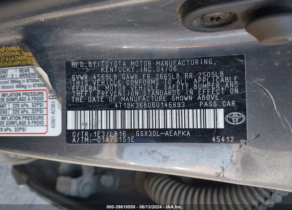 2006 TOYOTA AVALON LIMITED VIN: 4T1BK36B06U146893