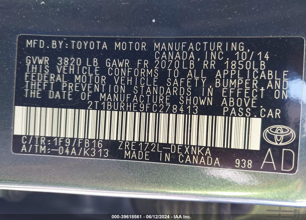 2015 TOYOTA COROLLA LE VIN: 2T1BURHE9FC278413