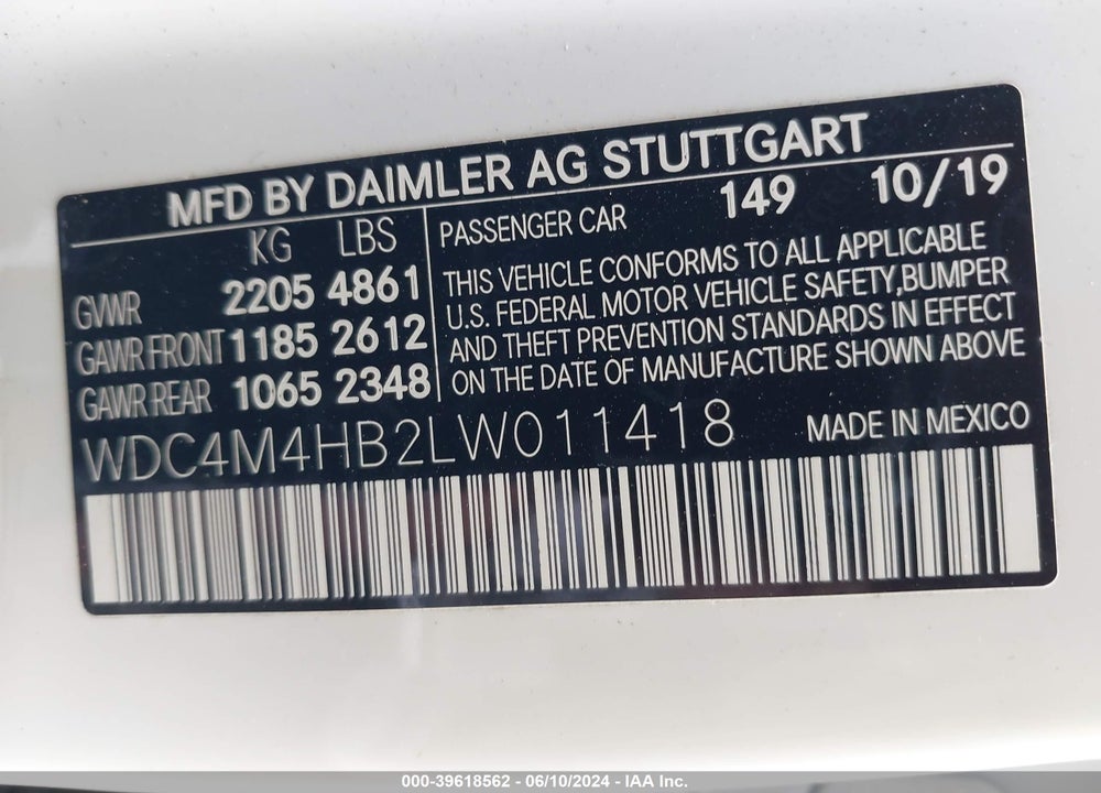 2020 MERCEDES-BENZ GLB 250 4MATIC VIN: WDC4M4HB2LW011418