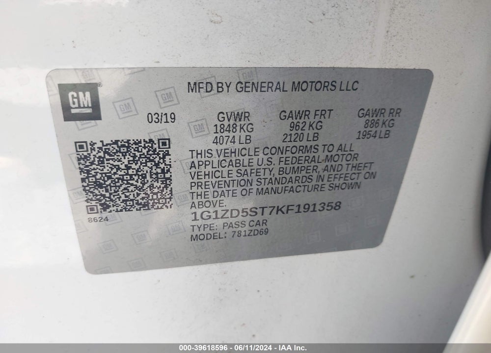 2019 CHEVROLET MALIBU LT VIN: 1G1ZD5ST7KF191358