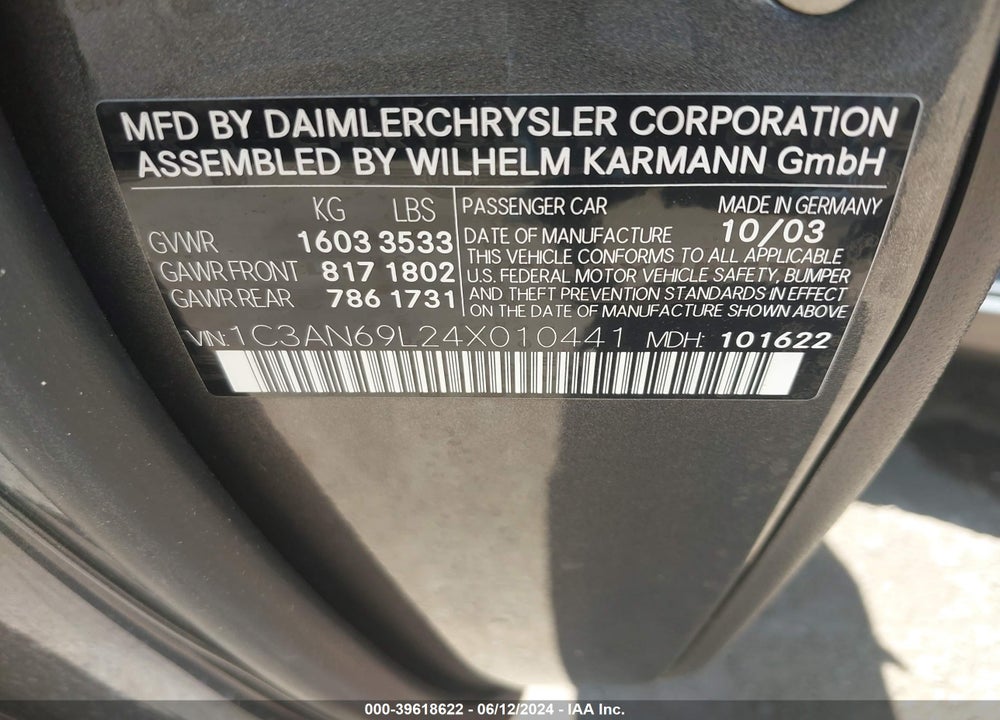 2004 CHRYSLER CROSSFIRE VIN: 1C3AN69L24X010441