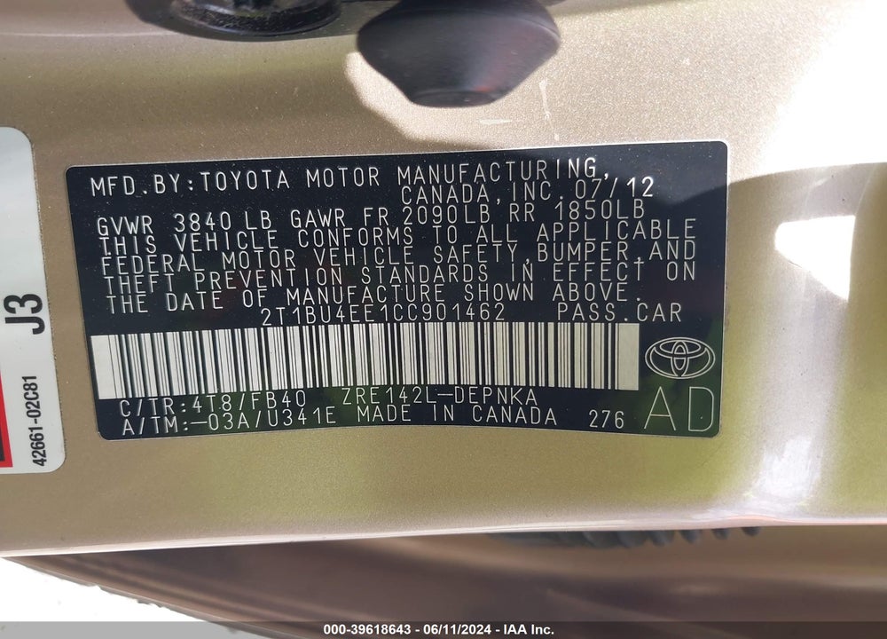 2012 TOYOTA COROLLA LE VIN: 2T1BU4EE1CC901462