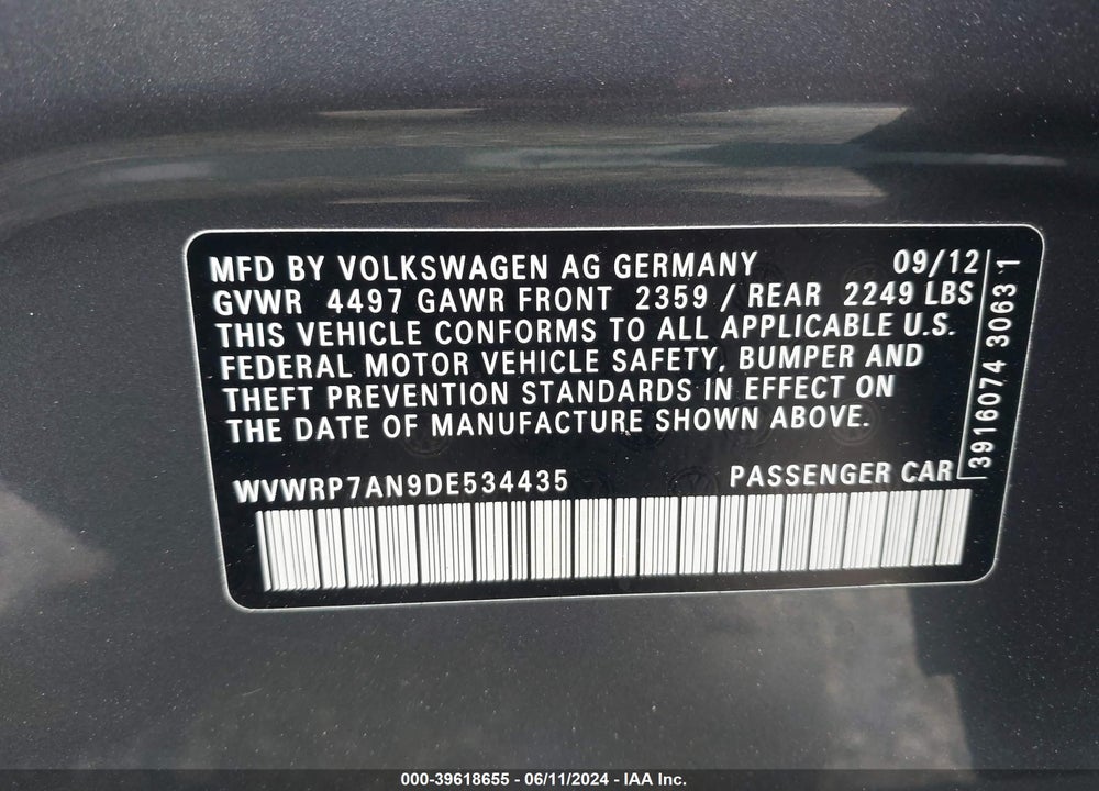 2013 VOLKSWAGEN CC 2.0T LUX VIN: WVWRP7AN9DE534435