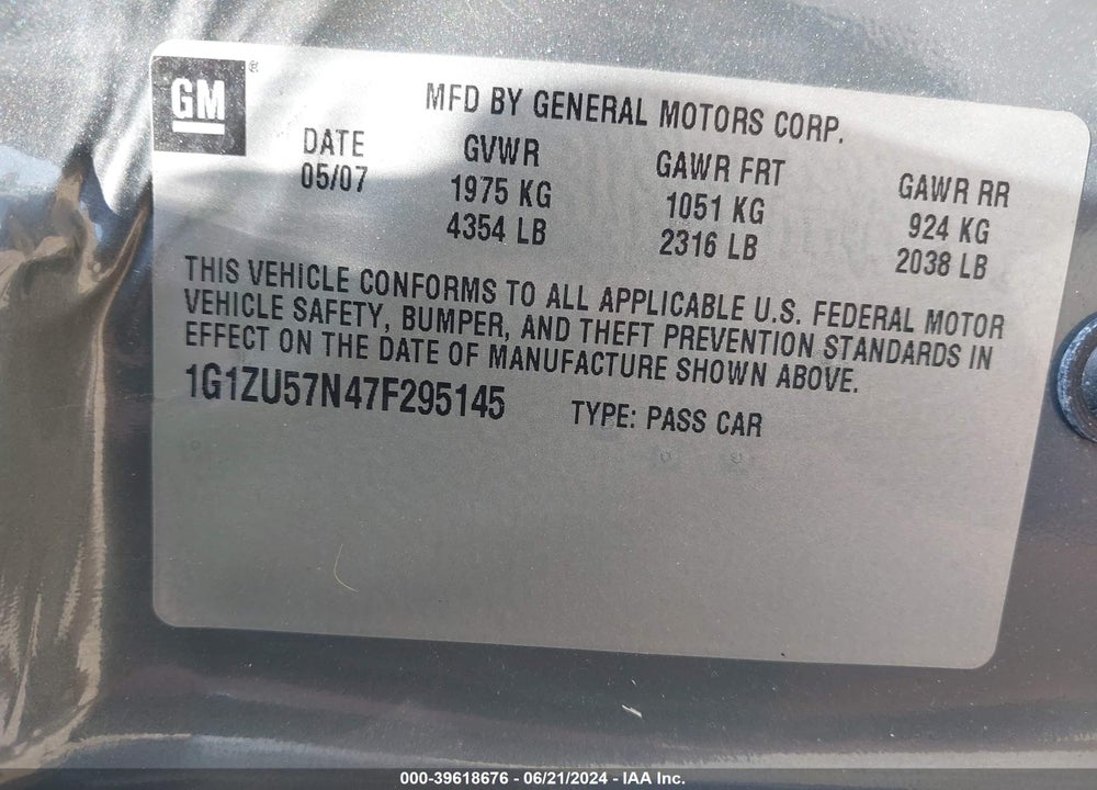 2007 CHEVROLET MALIBU LTZ VIN: 1G1ZU57N47F295145
