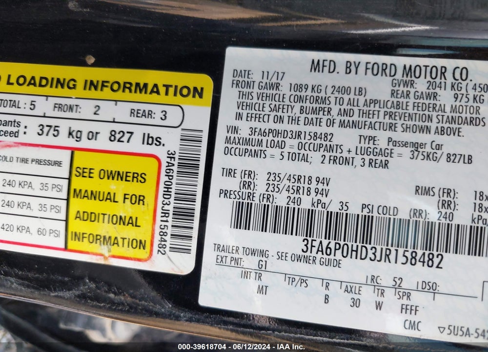 2018 FORD FUSION SE VIN: 3FA6P0HD3JR158482